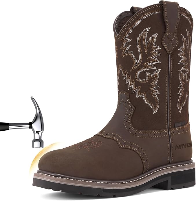 HISEA NINGO Steel Toe Work Boots for Men, Waterproof Square Toe Cowboy Boots Slip on, Comfortable Soft Toe Pull on Western Safety Work Shoes for Construction Industrial Working Welding Riding, Brown