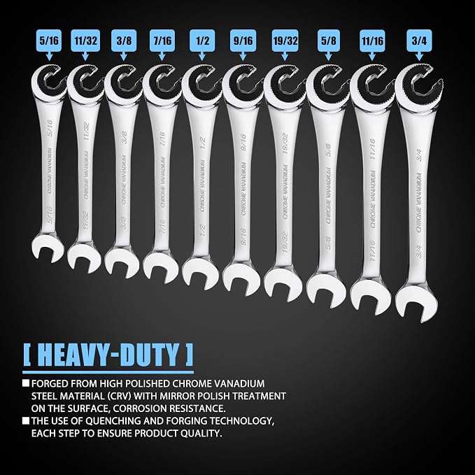 LOSCHEN 10 pcs SAE Ratcheting Wrench Combination Wrench Set 10 Pcs/Set with 72 Teeth, Chrome Vanadium Steel Tubing Ratchet Spanner（US and European Patents）