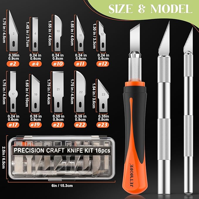 JETMORE 16 Pcs Exacto Knife Set, 3 Craft Knife and 13 SK5 Steel Blades, Precision Hobby Knife for Carving, Modeling, DIY, Scrapbooking, and Art Projects