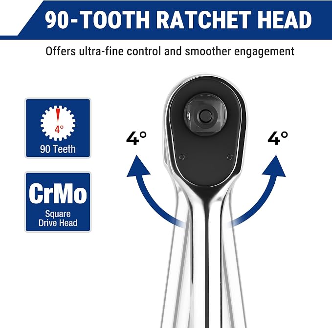 WORKPRO 3/8-Inch Drive Low-Profile Ratchet, 90-Tooth Ratchet Wrench | Quick-Release Socket Wrench for Men Women, Reversible, 4° Swing, CR-MO Compact Drive Head, Full Polished