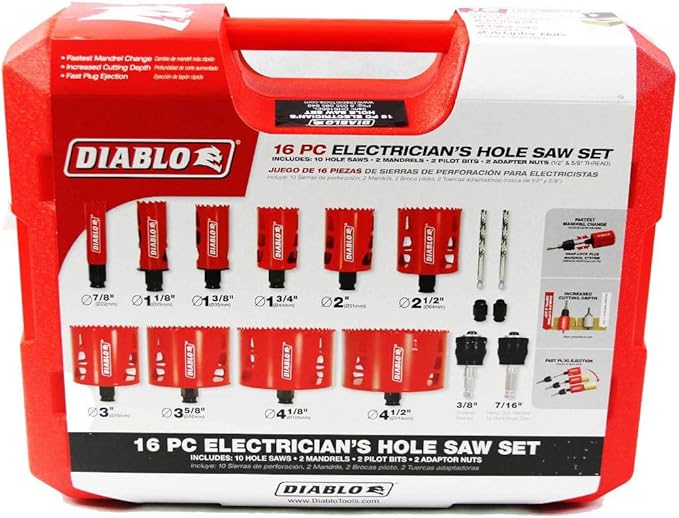 Diablo Bi - Metal Hole Saw Set for Electricians - Fits with Snap-Lock Plus Mandrel System - 10 Saw Cups, 2 Snap-Lock Plus Mandrels, 2 Pilot Bits, 2 Adaptor Nuts - DHS16SEL