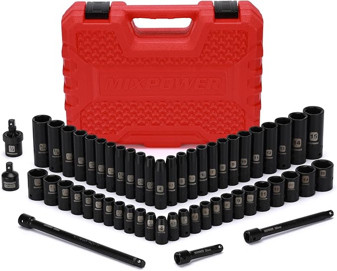 MIXPOWER 55 Pieces 1/4" Dr. Impact Socket Set, CR-V, 6 Point, SAE/Metric, 5/32 Inch - 9/16 Inch, 4mm - 15mm, Shallow/Deep, Including Adapter, Extension, Universal Joint