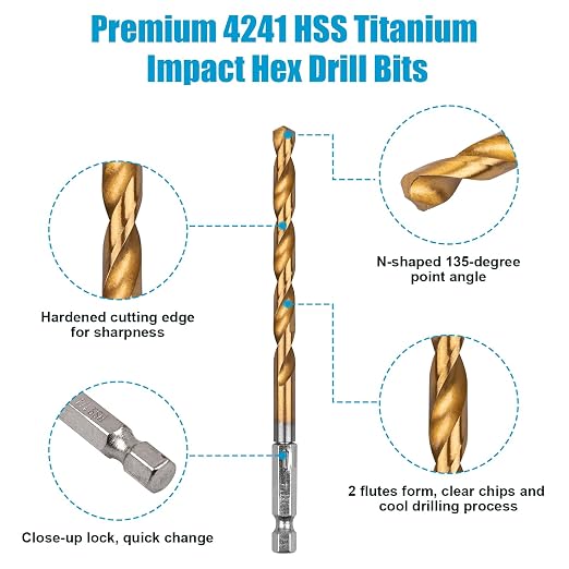 AUYAARS 19 PCS Hex Shank Drill Bit Set, 1/16"-1/4" HSS Titanium Coated Twist Bits for Metal Wood Plastic, 4241 High Speed Steel Small Quick Change Drill Bits with Holder