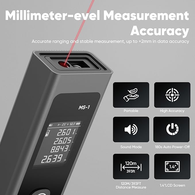 Laser Measure - 393 FT Laser Distance Meters, Type-C Rechargeable Laser Measuring Tool- Area/Volume/Pythagorean for Construction, Tiling, DIY with 1.4" Black LCD