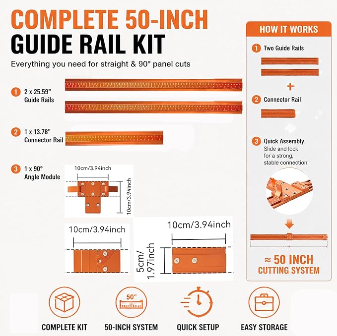 50-Inch Circular Saw Guide Rail Kit, Track Saw Guide for Straight & 90° Cross Cuts, No Special Saw Base Required, Aluminum Alloy Saw Guide Rail for Plywood, MDF and Cabinet Panels
