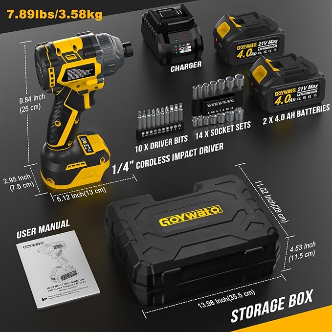 Cordless Impact Driver 2655In-lbs(300N·m) - 21V 1/4" Hex Chuck Brushless Hand Impact Driver With 2 x 4.0Ah Battery & Charger & 14 x Sockets Set & 10 x Screwdriver Bits for Home Projects & DIY
