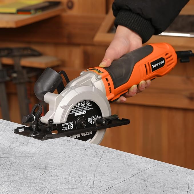 Yunirvana 710W Corded Mini Circular Saw, 5200RPM Electric Circular Saw, Parallel Guide, Compact Saw with 2Pcs Blades(24T Wood Blade and 60T Metal Blade), for Wood, Metal, Plastic, Home Renovation