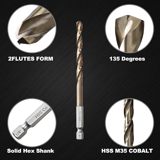 1/4 inch Cobalt Drill Bit for Metal and Hard Steel(10pcs),Hex Shank Quick Change M35 HSS Twist Impact Drill Bit Set,with Storage Case