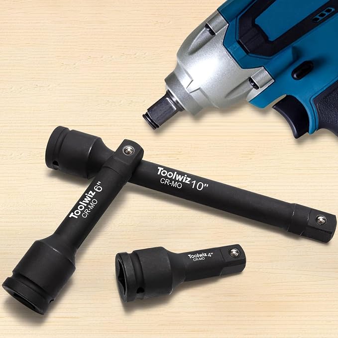Toolwiz 3/4" Drive Impact Extension Bar 4", 6", 10" (3 Piece) Cr-Mo Steel | Expand Range of Impact Drivers, 3/4 inch Ratchet Wrench Extension Bar Socket Set Organized in Heavy Duty PVC Box, Black