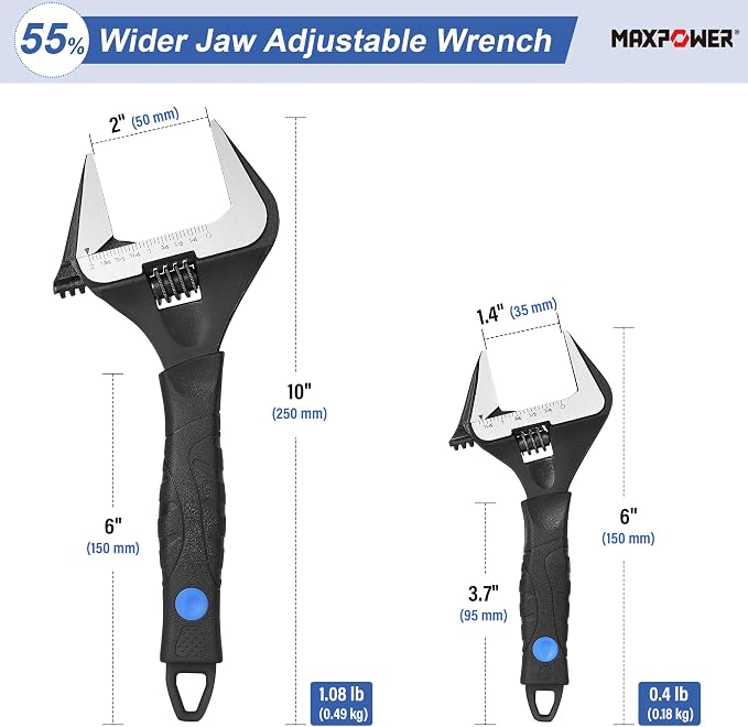 MAXPOWER 6 10-inch Wide Jaw Stubby Adjustable Wrench Set | Wider Mouth Plumbing Wrench Short Handle Comfortable Grips