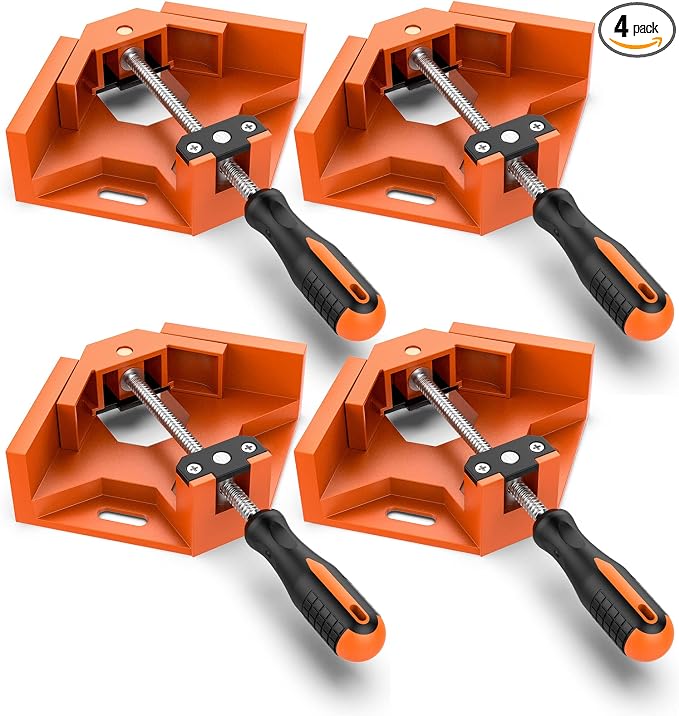 Right Angle Clamp, Housolution [4 PACK] Single Handle 90° Aluminum Alloy Corner Clamp, Right Angle Clip Clamp Tool Woodworking Photo Frame Vise Holder with Adjustable Swing Jaw - Orange