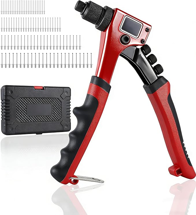 Anfrere Rivet Gun Kit, Manual Riveting Tool with 100 Rivets and 4 Interchangeable Heads, Professional 4-in-1 Pop-Up Hand Riveter, Storage Case