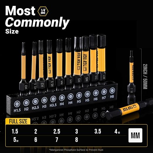 TGFTGF Impact Hex Head Allen Wrench Drill Bit Set, 12PCS, 2-inch (Metric), Premium S2 Steel 1/4” Hex-Shank Hex Bits Set, CNC Machined Magnetic Screwdriver Bit Set, Storage Box, for Automotive Home DIY
