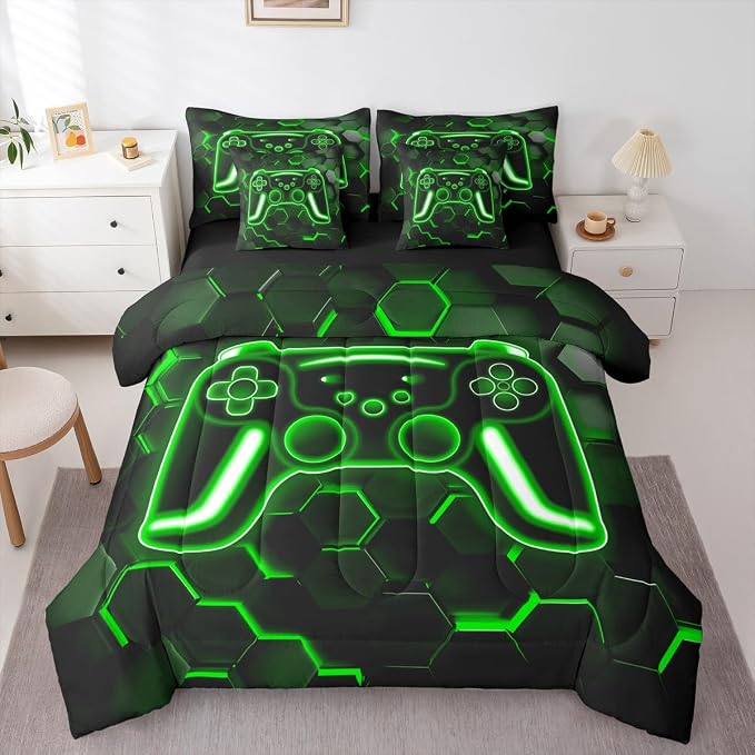 Erosebridal Gamer Bed in a Bag King Size Comforter Set 7-Piece, Neon Honeycomb Gaming Bedding Sets Game Boy Games Comforter and Sheet Set, Green Hexagon Lights Room Decor,Boys Bedroom Decor