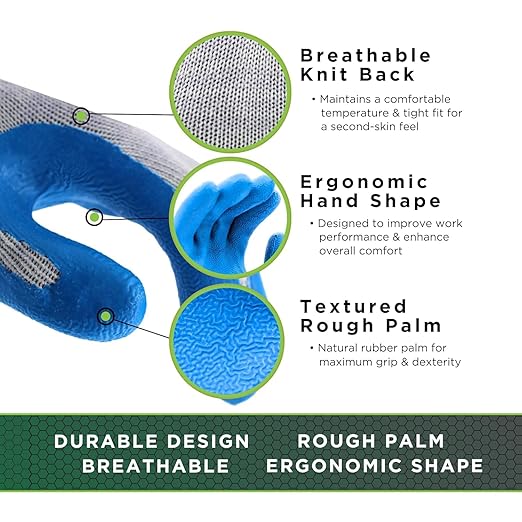 SHOWA Atlas 300 Original 1994 Crinkle Grip Work Gloves, Natural Latex Palm, Heavy Duty 10-Gauge for Construction, Landscaping, Gardening, & Masonry, Blue, Large, Vending Pack, 12-Pack