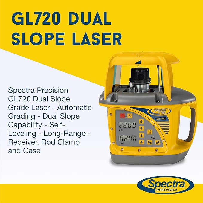 Spectra Precision GL720 Dual Slope Grade Laser - Automatic Grading - Dual Slope Capability - Self-Leveling - Long-Range - Receiver, Rod Clamp and Case