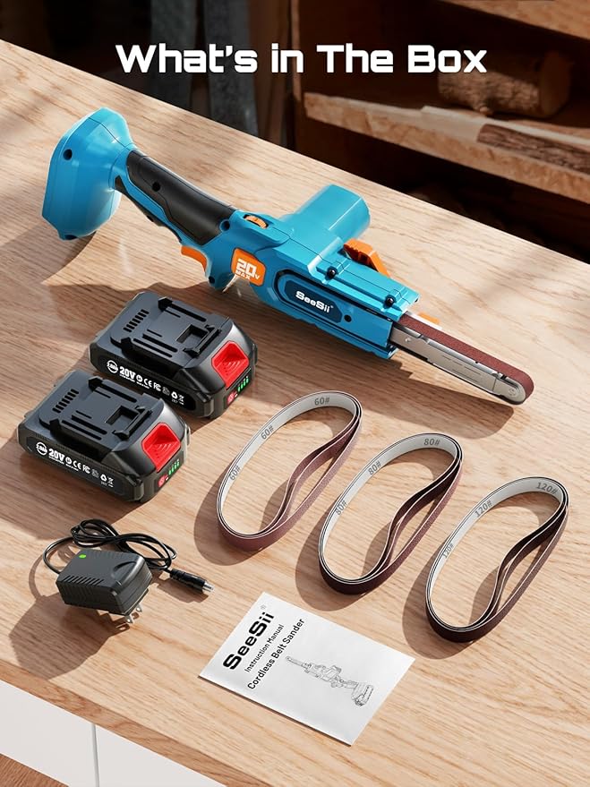 Seesii Belt Sander 1/2" x 18", 6 Speeds Max 1700 FT/Min, with 2 * 2.0Ah Battery, Charger, Hand Held Belt Sander for Metal Working, Wood, Plastic, Auto Grinding