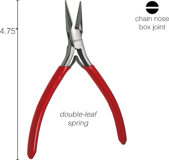 The Beadsmith Platinum Series German Chain Nose Pliers, 4.75 inches (120mm) with Polished Steel Head, red PVC Comfort Grip Handle with Double-Leaf Spring, Tool for Jewelry Making