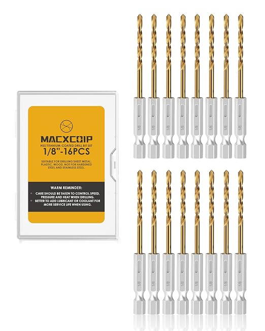 Drill Bit Set, 16Pcs 1/8" Titanium Twist Drill Bit for Sheet Metal, Wood, Plastic, Quick Change Design