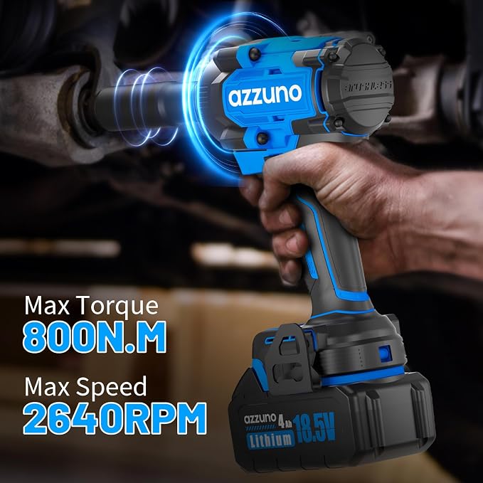 AZZUNO 1/2" Impact Wrench, 900N.m (665 Ft-lbs) Brushless Cordless Impact Driver, High Torque Electric Wrench With 2x 4.0Ah Battery, Charger & 4 CR-V Sockets, Led Light for Home Car Truck Tires