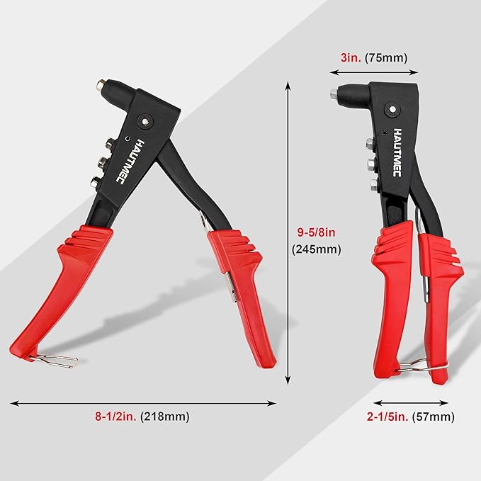 HAUTMEC Pop Rivet Gun with 4 Interchangeable Rivet Heads and Portable Wrench, Heavy Duty Durable Hand Riveter for Metal, HT0125-HR