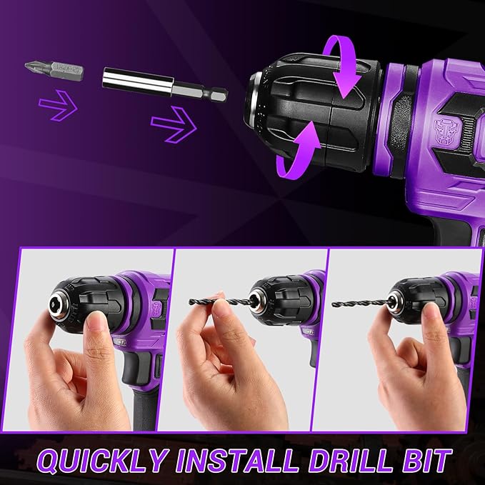 Cordless Drill：DEKOPRO 12V Power Drill Set 800RPM Electric Drills Small Drills with 3/8-inch Keyless Chuck and Portable Tool Set Gift Box (Purple)
