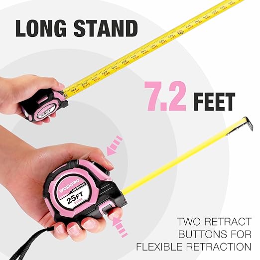 WORKPRO Pink Auto-Lock Tape Measure, 25FT 1/8 Fractions Easy Read Measuring Tape, Double Retract Measurement Tape Accuracy 1/32 for Engineer,with Magnetic Hook, Rubber Protective Casing - Pink Ribbon