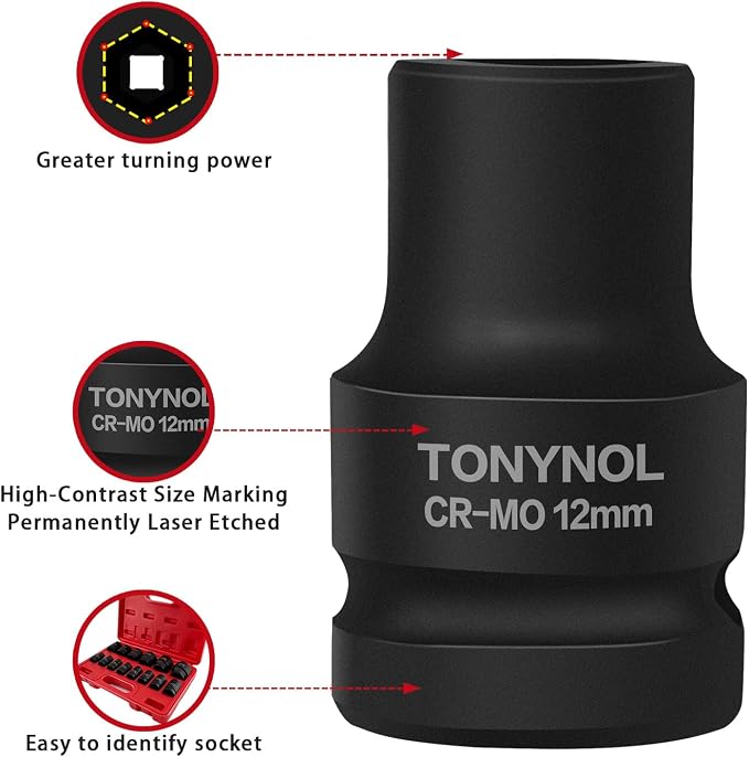 TONYNOL 1/2" Shallow Drive Impact Socket Set,6‑Point,Metric 10mm‑32mm,14Pcs | Cr-Mo Steel,With a Storage Case