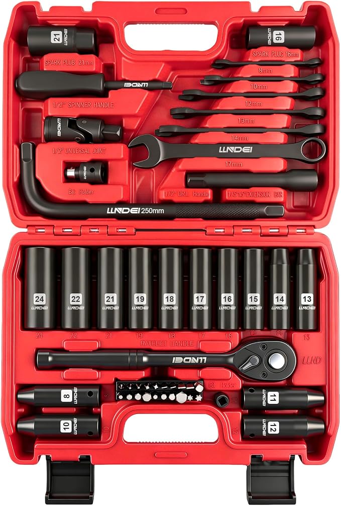 1/2" Impact Socket Wrench Set: 49Pcs Tool Wrench Set, CR-V, Metric | Combination Wrenches (8-17mm), Deep Sockets(8-24mm), Spark Plug Socket(16,21mm), Household&Automotive Repairing