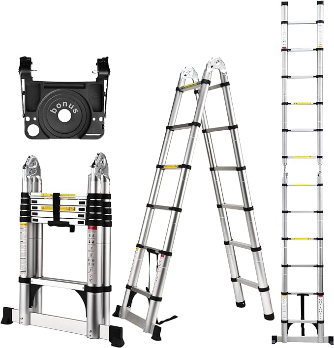 Telescoping Ladder A Frame, 12.5 Ft Compact Aluminum Extension Ladder, Portable Telescopic RV Ladder for Outdoor Camper Trips Motorhome with Tool Platform and Stabilizer Bar, 330 lb Capacity