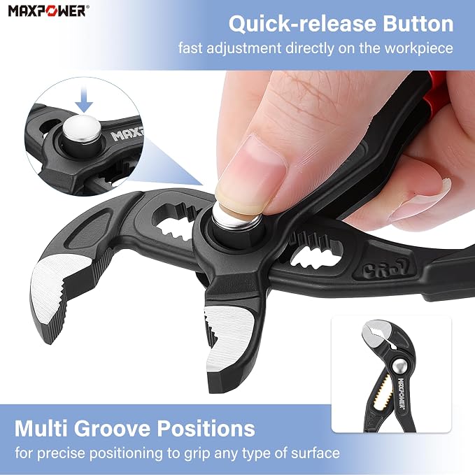 MAXPOWER 5-Inch Tongue-and-Groove Pliers, 0.98" Jaw Opens V Jaw Mini Pliers | Quick Release Push Button Adjustable Pliers, Serrated Teeth, Comfortable Grips