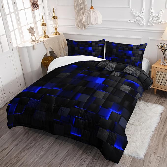 Nttopship Geometric Blue Black Comforter Set,Light Honeycomb 3 Piece Bedding Set Full Size for Teen Boys,Modern Quilt Set Geometry Decor,Microfiber Lightweight 1 Comforter 2 Pillowcases All Season