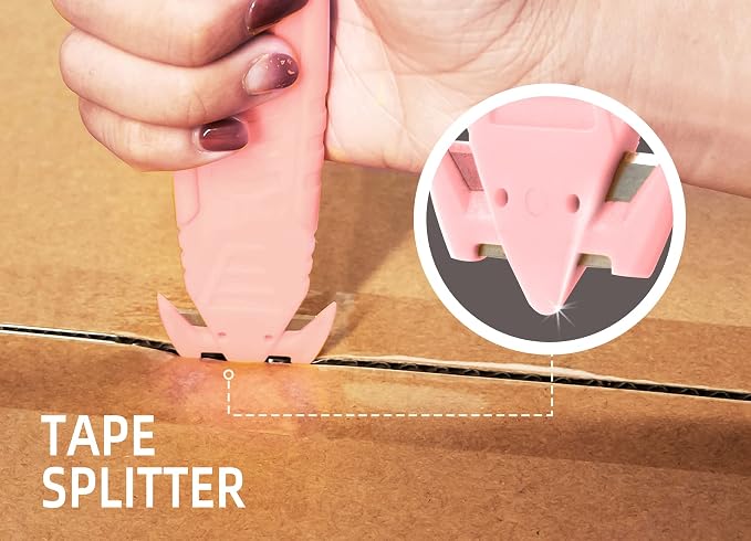 T TOVIA Safety Box Cutter Knife of Recessed Concealed Stainless Steel Blade, Package Opener Plastic Cutter for Box, Carton, Shrink Wrap, Plastic Straps, 10pcs Pink