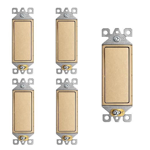 ELEGRP Matte Champagne Gold 3 Way Decorator Light Switch, 15A 120-277V, Paddle Rocker Switch Replacement, On/Off Wall Switch, Self-Grounding, Residential Grade, UL/CUL, 5 Pack