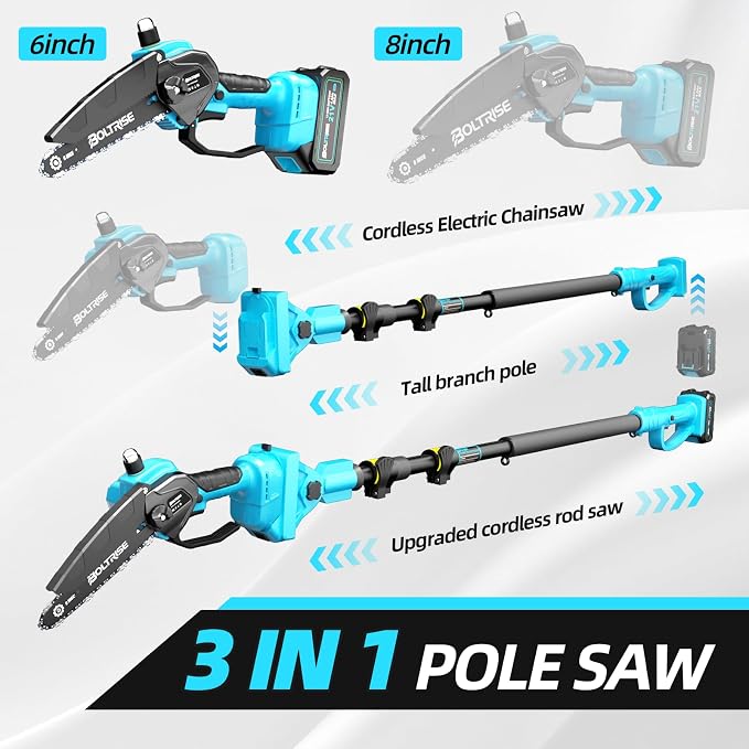 3-in-1 Electric Pole Saws for Tree Trimming, 8 Inch & 6 Inch Mini Chainsaw Cordless with 2x4.0 Ah Battery, Battery Powered Pole Chain Saw, 16 Ft Reach, Telescopic Chainsaw Tree Trimmer Branch Cutter
