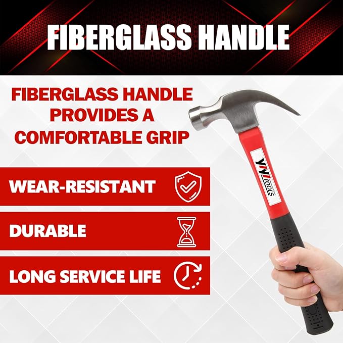YIYITOOLS Claw Hammer With fiberglass Handle – 16-oz, Red and Black (YY-1-003)