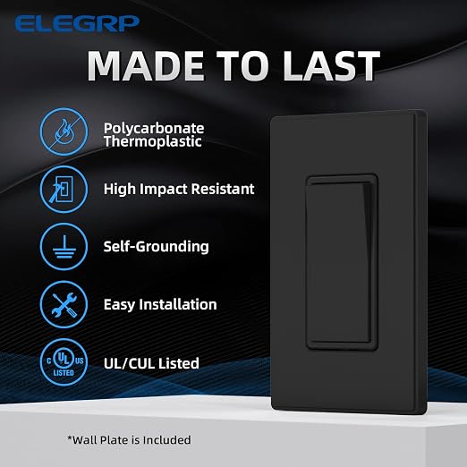 ELEGRP Matte Black 3 Way Decorative Light Switch with Plate, 15Amp, 120-277 Volt, AC Rocker Paddle Wall Switch Replacement, Self-Grounding, Residential Grade, w/Wall Plate, UL Listed (10 Pack)