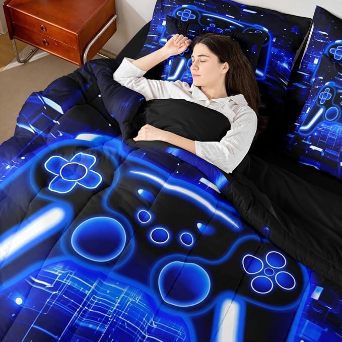 Gamer Bed in a Bag Queen Comforter Set 7 Piece, Gaming Bedding Sets Neon Lights Video Game Console Comforter and Sheet Set, Blue Brick Cube Room Decor,Gamer Decor for Boys Bedroom