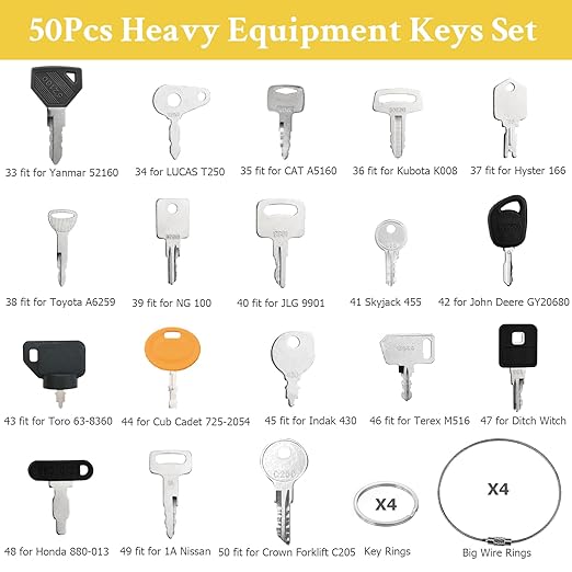 50 Heavy Equipment Keys Master Set, Construction Machine Keys Set for Caterpillar Cat John Deere Komatsu Volvo Bobcat Kubota JCB Case New Holland Hitachi Hyster Yanmar Takeuchi