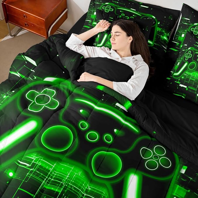 Erosebridal Gaming Queen Comforter Set with Sheets, Gamer 7 Piece Bedding Set Neon Lights Retro Game Console Bed in a Bag, Green Brick Cube Room Decor,Game Room Decor