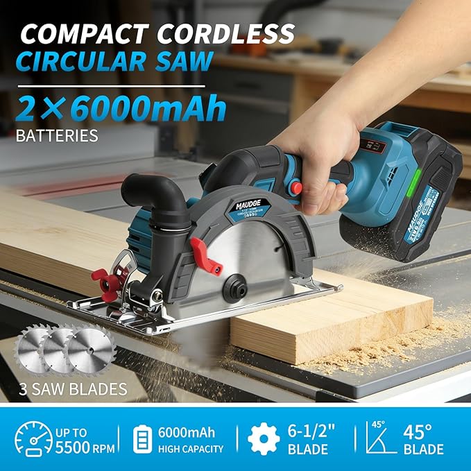 6-1/2" Cordless Circular Saw, 21V Brushless Power Circle Saw 2 x 6.0AH Battery, 5500RPM sierra Circular Inalambrica with 3 Cutting Blades, Max Cut Depth 2-1/4"(90°), 1-7/16" (45°) for Wood, PVC