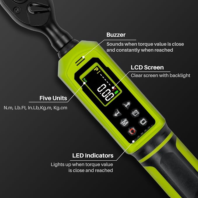 Digital Torque Wrench 3/8"Drive-0.66-44.25Ft.Lb for Bike Motorcycle | Electronic Torque Wrench(0.9-60N.m), Vibration Buzzer LED Indicator, ±2% Accuracy 5 Units for Precision Parts Engine Repair
