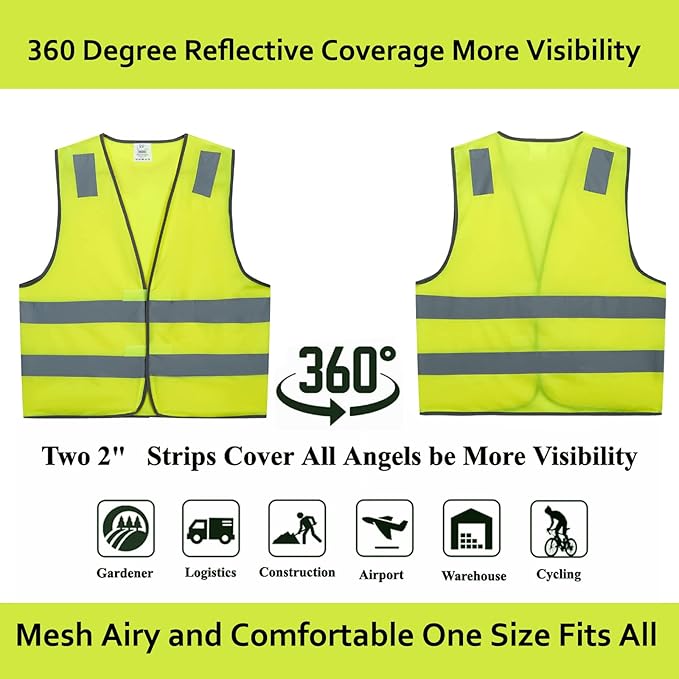 Safety Vests 10 Pack - Yellow Reflective High Visibility Construction ANSI Class 2 Work Vest for Men,Woman,Hi Vis Vest Mesh and Neon Silver Strip