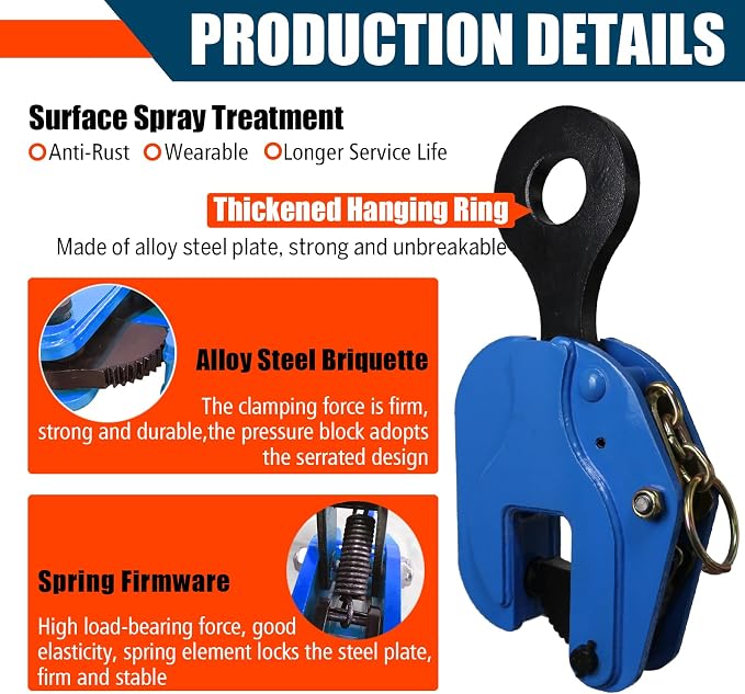 Vertical Plate Lifting Clamp,4400lbs Capacity Heavy Duty Steel Plate Clamp 2T with 0.8 Inch Jaw Opening, Industrial Lifting Clamp for Sheet Metal and Steel Plate Handling