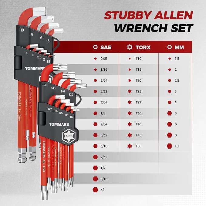 TOMMARS 31-Piece Stubby Allen Wrench Set, SAE, Metric & TORX Hex Keys | Stubby Short Arm, Ball End, S2 Steel, SAE(0.05"-3/8"), Metric(1.5mm-10mm), TORX(T10-T50)