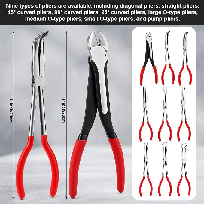 9 Piece 11 Inch Long Reach Pliers Set 45° 90° Bent, Circle, Diagonal Carbon Steel Needle Nose Pliers for Narrow Spaces and Limited Areas (Red)