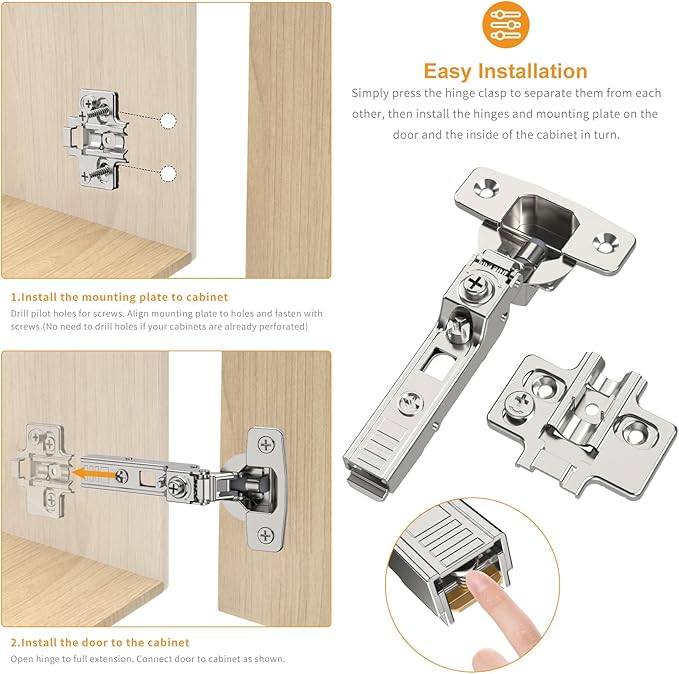 Chibery 50 Pack Frameless Half Overlay Soft Close Concealed European Hinges, Self Closing Satin Nickel, 105 ° Open Angle 4D Adjustment, Speed Control, Clip On, Stainless Steel for Cabinet Door