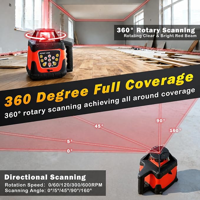 Red Rotary Laser Level 2000ft, 360 Degree Self Leveling Laser Level Kit with Receiver Remote Control and Surveying Tripod 16.4ft Staff, 5 Rotation Speeds& 4 Angles Adjustment,IP66 Waterproof