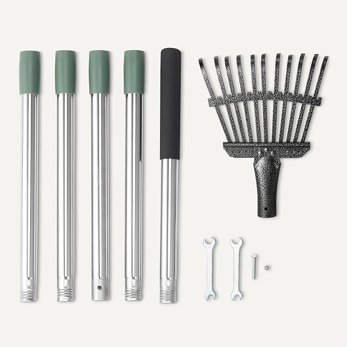 Amazon Basics - Garden Rake, 38.5" - 80.5" Adjustable Steel Handle, Olive/Black/Silver