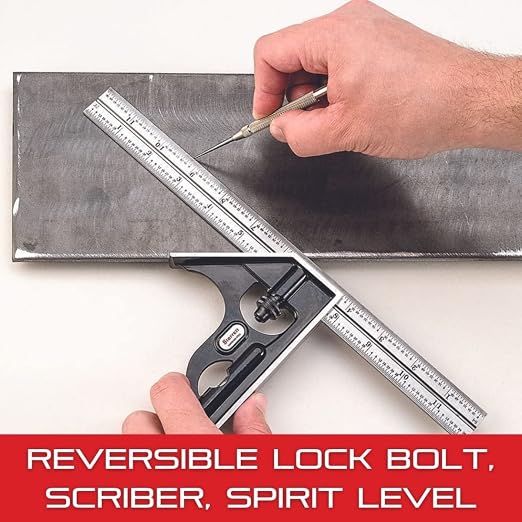Starrett Steel Combination Square with Square Head - 6" Blade Length, Cast Iron Head, Hardened Steel, Reversible Lock Bolt, Scriber, 16R Graduation Type - C11H-6-16R